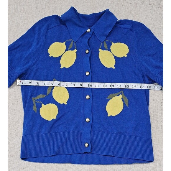 Free Assembly Women's Collared Cardigan Sweater Medium Multi Lemon Ultra Blue - Picture 3 of 6